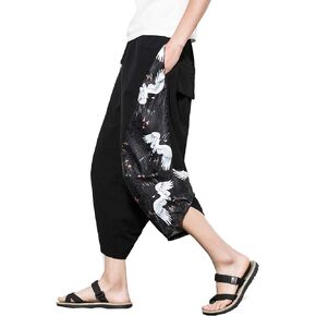 DOSLAVIDA Men's Linen Harem Capri Pants Lightweight Elastic Waist Wide Leg Cropped Trousers Casual Loose Beach Capris