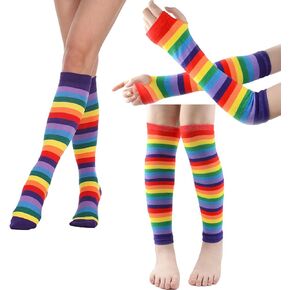 KADBLE المرأة قوس قزح الجوارب مخطط الركبة عالية الجوارب الذراع تدفئة الساق مجموعة, ألوان الطيف, L in Kuwait