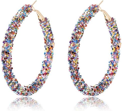 Wonlte Bohemian Shiny Glitter Sequins Hoop Earrings Sparkle Wrapped Gold Plated Circle Statement Rhinestone Dangle Drop Earrings for Women Girls in Saudi Arabia