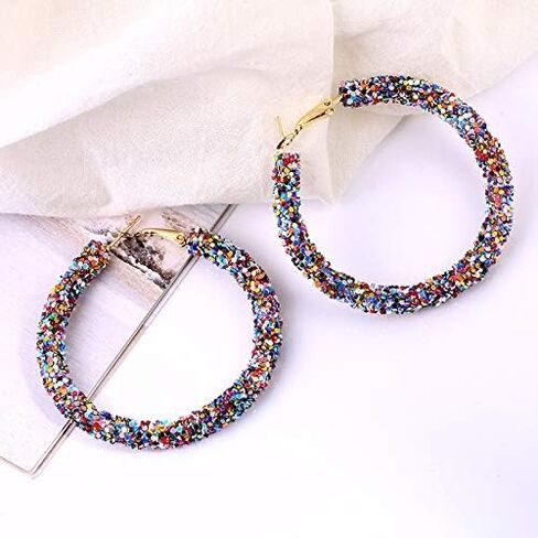Wonlte Bohemian Shiny Glitter Sequins Hoop Earrings Sparkle Wrapped Gold Plated Circle Statement Rhinestone Dangle Drop Earrings for Women Girls in Saudi Arabia