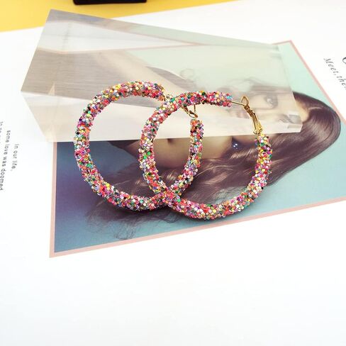 Wonlte Bohemian Shiny Glitter Sequins Hoop Earrings Sparkle Wrapped Gold Plated Circle Statement Rhinestone Dangle Drop Earrings for Women Girls in Saudi Arabia