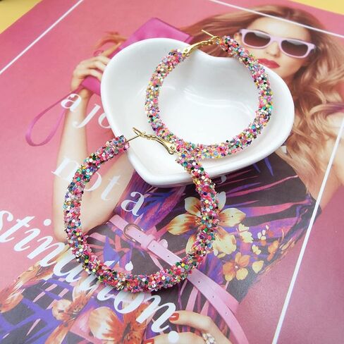 Wonlte Bohemian Shiny Glitter Sequins Hoop Earrings Sparkle Wrapped Gold Plated Circle Statement Rhinestone Dangle Drop Earrings for Women Girls in Saudi Arabia