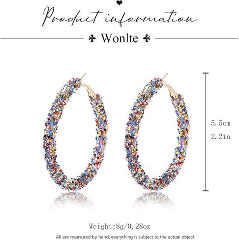 Wonlte Bohemian Shiny Glitter Sequins Hoop Earrings Sparkle Wrapped Gold Plated Circle Statement Rhinestone Dangle Drop Earrings for Women Girls in Saudi Arabia