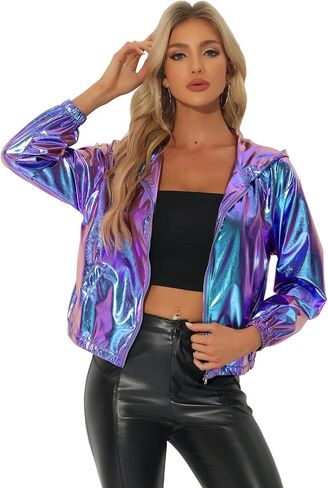 Allegra K Holographic Jackets for Women's Hooded Long Sleeve Zipper Christmas Metallic Jacket in Saudi Arabia