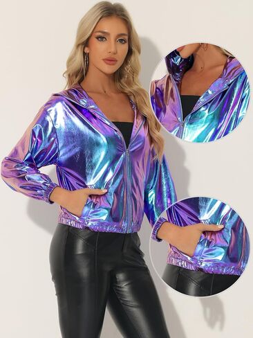 Allegra K Holographic Jackets for Women's Hooded Long Sleeve Zipper Christmas Metallic Jacket in Saudi Arabia
