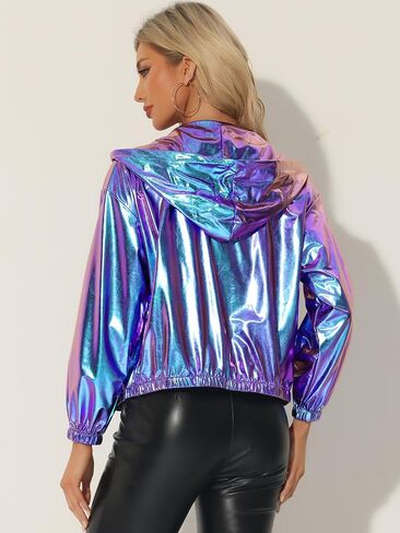 Allegra K Holographic Jackets for Women's Hooded Long Sleeve Zipper Christmas Metallic Jacket in Saudi Arabia