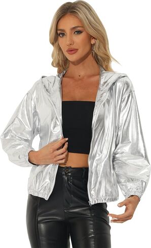 Allegra K Holographic Jackets for Women's Hooded Long Sleeve Zipper Christmas Metallic Jacket in Saudi Arabia