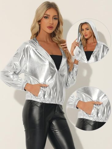 Allegra K Holographic Jackets for Women's Hooded Long Sleeve Zipper Christmas Metallic Jacket in Saudi Arabia