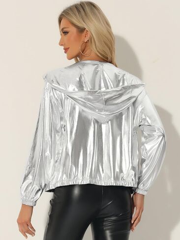 Allegra K Holographic Jackets for Women's Hooded Long Sleeve Zipper Christmas Metallic Jacket in Saudi Arabia