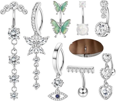 FINREZIO 8PCS 14G Clicker Belly Button Rings for Women Surgical Steel Dangle CZ Evil Eye Butterfly Belly Button Rings Reverse Curved Navel Belly Barbell Piercing Jewelry in Kuwait