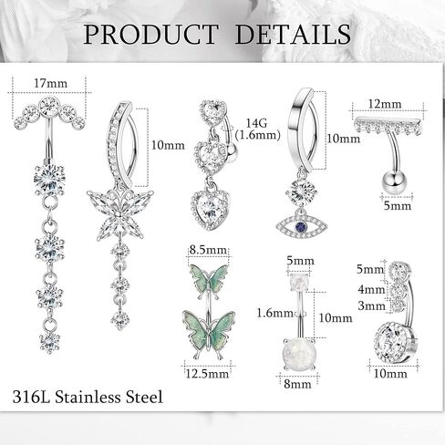 FINREZIO 8PCS 14G Clicker Belly Button Rings for Women Surgical Steel Dangle CZ Evil Eye Butterfly Belly Button Rings Reverse Curved Navel Belly Barbell Piercing Jewelry in Kuwait
