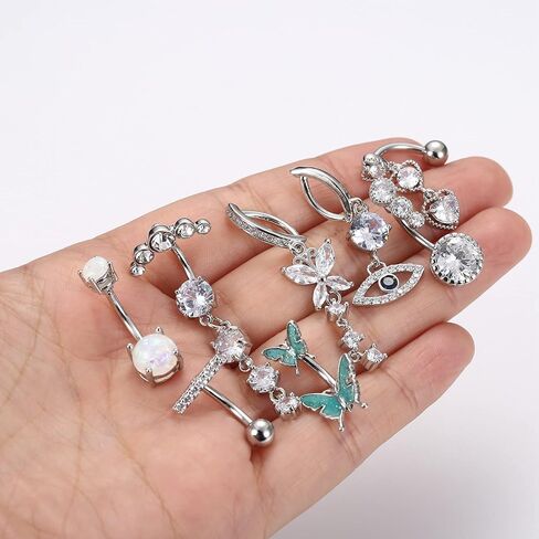 FINREZIO 8PCS 14G Clicker Belly Button Rings for Women Surgical Steel Dangle CZ Evil Eye Butterfly Belly Button Rings Reverse Curved Navel Belly Barbell Piercing Jewelry in Kuwait