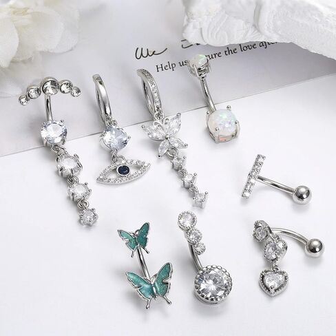 FINREZIO 8PCS 14G Clicker Belly Button Rings for Women Surgical Steel Dangle CZ Evil Eye Butterfly Belly Button Rings Reverse Curved Navel Belly Barbell Piercing Jewelry in Kuwait