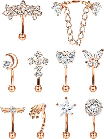 Magitaco 10 قطع 16G أقراط Rook Daith للنساء من الفولاذ المقاوم للصدأ سلسلة زهرة نجمة الجناح الصليب البطن الشفاه الدائري الغضروف الزنمة تشيكوسلوفاكيا هيئة ثقب المجوهرات حلقات الحاجب الحديد المنحني 8 مم in Kuwait