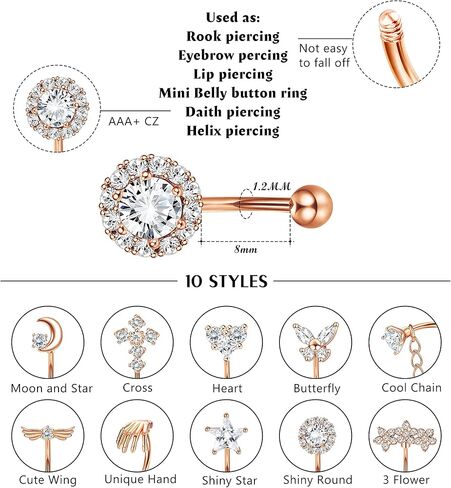 Magitaco 10 قطع 16G أقراط Rook Daith للنساء من الفولاذ المقاوم للصدأ سلسلة زهرة نجمة الجناح الصليب البطن الشفاه الدائري الغضروف الزنمة تشيكوسلوفاكيا هيئة ثقب المجوهرات حلقات الحاجب الحديد المنحني 8 مم in Kuwait