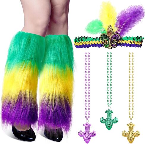5 Pcs Mardi Gras Accessories Faux Fur Leg Warmers Sequins Feather Headband Bead Necklaces with Pendant for Adult Women Carnival Mardi Gras Party in Saudi Arabia