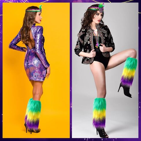 5 Pcs Mardi Gras Accessories Faux Fur Leg Warmers Sequins Feather Headband Bead Necklaces with Pendant for Adult Women Carnival Mardi Gras Party in Saudi Arabia