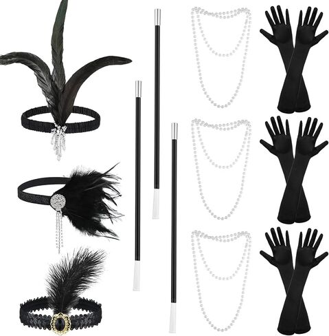 مجموعة إكسسوارات ثينك داي 1920s للنساء، بما في ذلك غطاء الرأس من الريش وعصابة الرأس وقلادة من اللؤلؤ وقفازات عصا كرنفال عشرينيات القرن العشرين والإكسسوارات التنكرية للحفلات in Kuwait