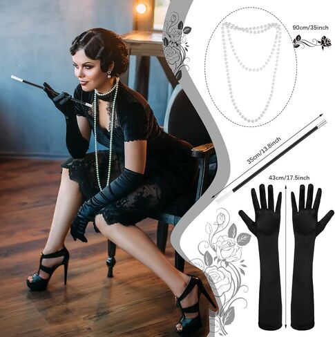 مجموعة إكسسوارات ثينك داي 1920s للنساء، بما في ذلك غطاء الرأس من الريش وعصابة الرأس وقلادة من اللؤلؤ وقفازات عصا كرنفال عشرينيات القرن العشرين والإكسسوارات التنكرية للحفلات in Kuwait