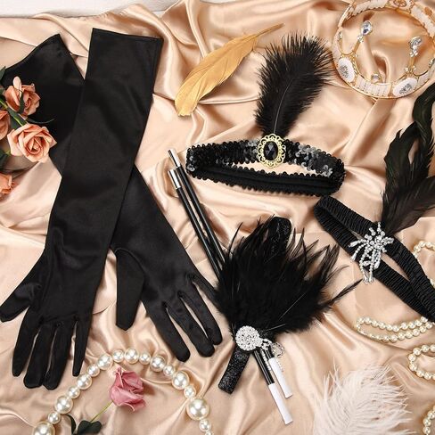 مجموعة إكسسوارات ثينك داي 1920s للنساء، بما في ذلك غطاء الرأس من الريش وعصابة الرأس وقلادة من اللؤلؤ وقفازات عصا كرنفال عشرينيات القرن العشرين والإكسسوارات التنكرية للحفلات in Kuwait