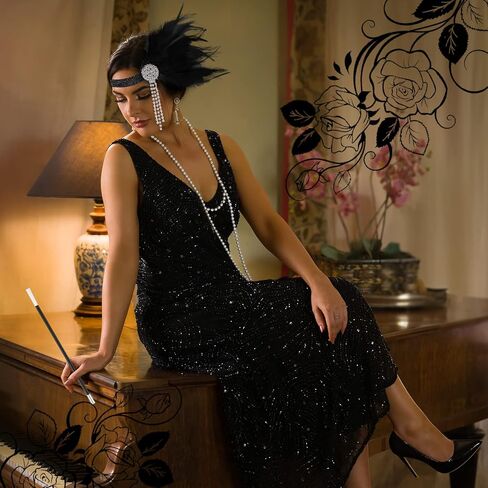 مجموعة إكسسوارات ثينك داي 1920s للنساء، بما في ذلك غطاء الرأس من الريش وعصابة الرأس وقلادة من اللؤلؤ وقفازات عصا كرنفال عشرينيات القرن العشرين والإكسسوارات التنكرية للحفلات in Kuwait