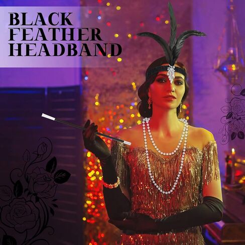 مجموعة إكسسوارات ثينك داي 1920s للنساء، بما في ذلك غطاء الرأس من الريش وعصابة الرأس وقلادة من اللؤلؤ وقفازات عصا كرنفال عشرينيات القرن العشرين والإكسسوارات التنكرية للحفلات in Kuwait