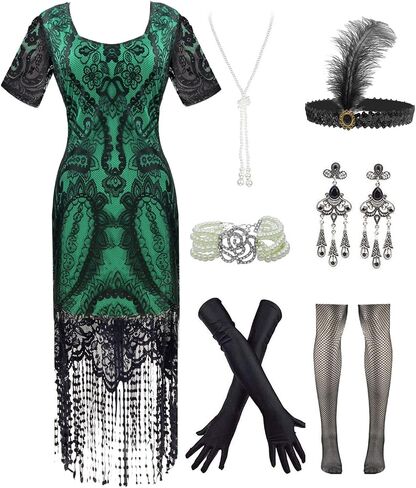 FUNDAISY Womens Vintage Lace Fringed Gatsby 1920s Cocktail Dress with 20s Accessories Set in Saudi Arabia