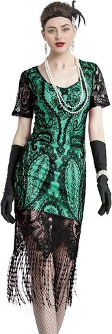 FUNDAISY Womens Vintage Lace Fringed Gatsby 1920s Cocktail Dress with 20s Accessories Set in Saudi Arabia