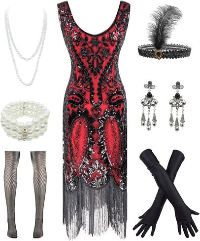FUNDAISY Womens Vintage Lace Fringed Gatsby 1920s Cocktail Dress with 20s Accessories Set in Saudi Arabia