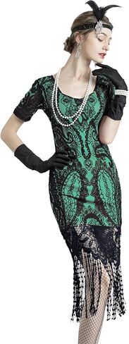 FUNDAISY Womens Vintage Lace Fringed Gatsby 1920s Cocktail Dress with 20s Accessories Set in Saudi Arabia