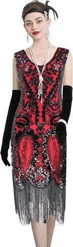 FUNDAISY Womens Vintage Lace Fringed Gatsby 1920s Cocktail Dress with 20s Accessories Set in Saudi Arabia