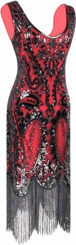 FUNDAISY Womens Vintage Lace Fringed Gatsby 1920s Cocktail Dress with 20s Accessories Set in Saudi Arabia