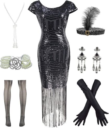 FUNDAISY Womens Vintage Lace Fringed Gatsby 1920s Cocktail Dress with 20s Accessories Set in Saudi Arabia