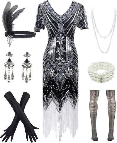 FUNDAISY Womens Vintage Lace Fringed Gatsby 1920s Cocktail Dress with 20s Accessories Set in Kuwait