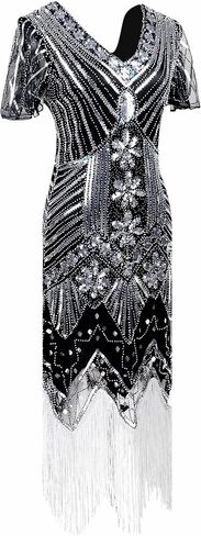 FUNDAISY Womens Vintage Lace Fringed Gatsby 1920s Cocktail Dress with 20s Accessories Set in Kuwait