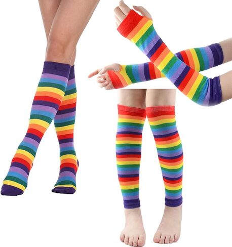 KADBLE المرأة قوس قزح الجوارب مخطط الركبة عالية الجوارب الذراع تدفئة الساق مجموعة, ألوان الطيف, L in Kuwait