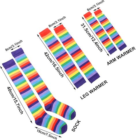 KADBLE المرأة قوس قزح الجوارب مخطط الركبة عالية الجوارب الذراع تدفئة الساق مجموعة, ألوان الطيف, L in Kuwait