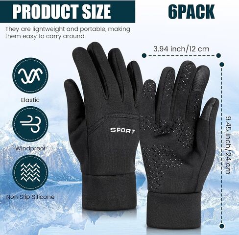 Suhine 6 Pairs Waterproof Winter Gloves Touch Screen Winter Thermal Gloves Windproof Workout Running Gloves Anti Slip Warm Women's Cycling Gloves for Men Women Training Driving Hiking Biking, Black in Saudi Arabia