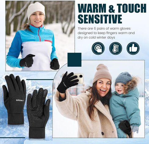 Suhine 6 Pairs Waterproof Winter Gloves Touch Screen Winter Thermal Gloves Windproof Workout Running Gloves Anti Slip Warm Women's Cycling Gloves for Men Women Training Driving Hiking Biking, Black in Saudi Arabia