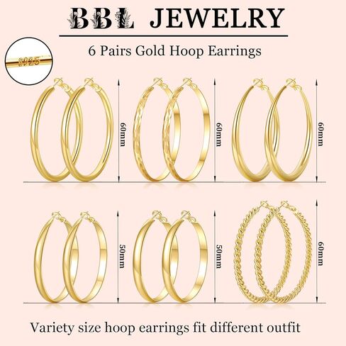 BBL 6 Pairs Silver Hoop Earrings Set S925 Sterling Silver Hoop Earrings Large Silver Hoops Hypoallergenic Lightweight Big Hoop Earrings for Women Girls 50MM in Saudi Arabia