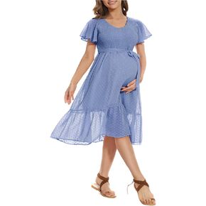 Boho Flutter Short Sleeve V-Neck Maternity Midi Dress for Baby Shower/Photoshoot，Swiss Dot Maternity Dress Blue in Kuwait