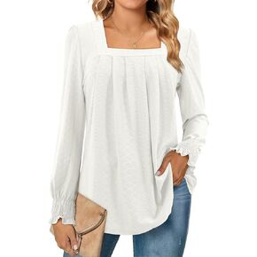 Amoretu Women Square Neck Tops Long Sleeve Pleated Tshirts Casual Ruched Blouses