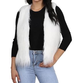 EASEDAILY المرأة الفراء سترة بيضاء بلا أكمام فو الفراء معطف قصير الفراء سترات الخريف والشتاء الفراء سترة صدرية للفتيات in Kuwait