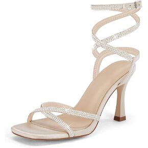 Coutgo Women's Rhinestone Strappy Heel Sandals Open Square Toe High Stiletto Heels Wedding Shoes