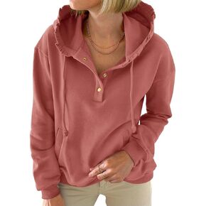 PRETTYGARDEN بلوزات نسائية 2024 قميص قطني بكم طويل زر الرباط حافة كشكش هوديس الخريف البلوز مع جيوب in Kuwait