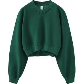 Meladyan Women Casual Cropped Sweatshirt Basic Solid Long Sleeve Fleece V Neck Loose Drop Shoulder Pullover Crop Tops Vintage in Kuwait