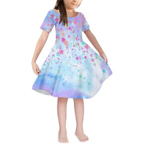 TENMET Girl's Dress 3D Galaxy Print Short Sleeve Swing Skirt Casual Kids Party Dress 8-11Y