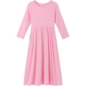 Noomelfish Girls Long Sleeve Maxi Dress Solid Color Casual Long Dresses with Pockets (4-12 Years) in Kuwait