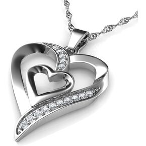 DEPHINI - Heart Necklace - 925 Sterling Silver - Double Love Heart Pendant with CZ Crystals - Jewelry for Woman - 18" Chain - Rhodium Plated in Saudi Arabia