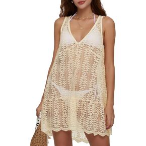 DEEP SELF Women's Swimsuit Cover Up Crochet Bathing Suit Hollow Out V Neck Sleeveless Swimwear Summer Beach Coverup